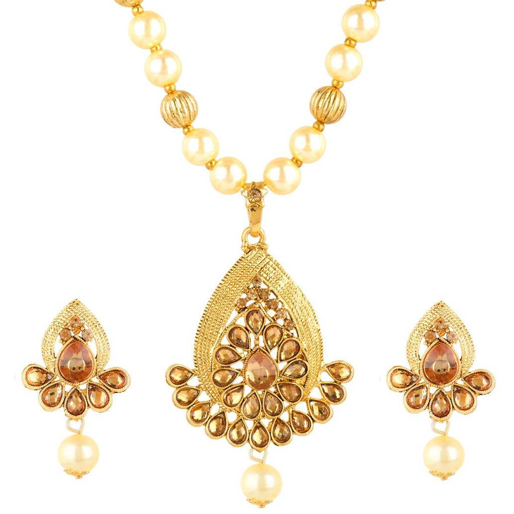 Yellow Chimes Kundan Studded Gold Plated Necklace Jewellery Set Pearl Mala Pendant Set for Women and Girls