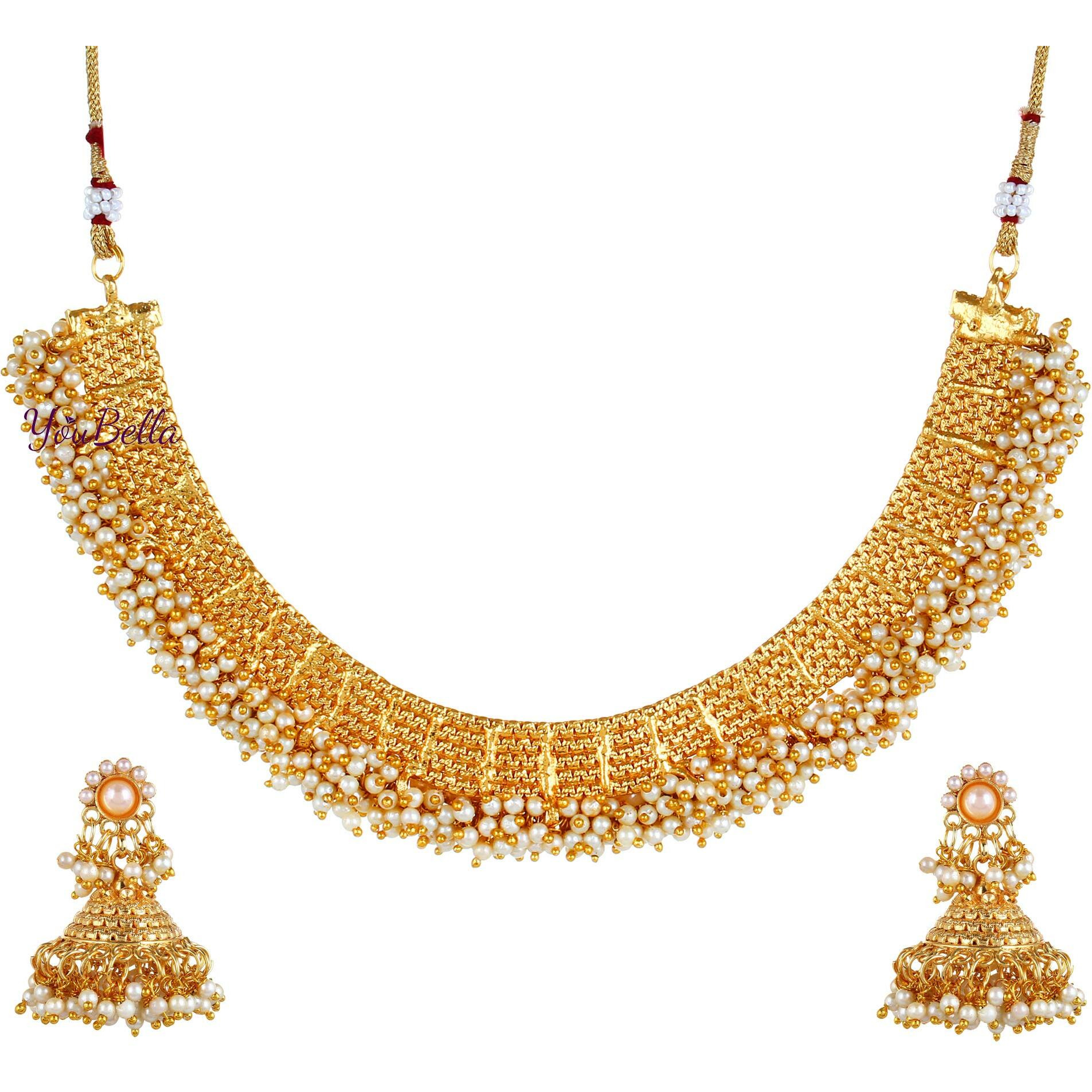 YouBella Latest Pearl Temple Coin Traditional Necklace Set for Women Jewellery Set with Earrings for Women
