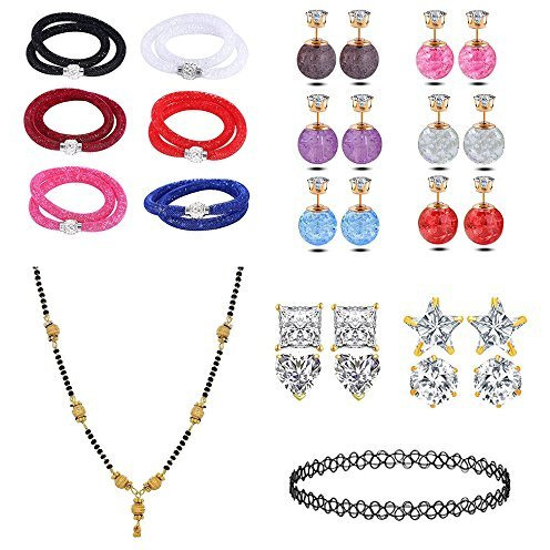 YouBella Jewellery Combo of 1Gold Plated Mangalsutra, 1 Choker Necklace, 10 Earrings and 6 Bracelet Bangle cum Necklace Jewellery Set for Girls and Women - Set of 18 Products