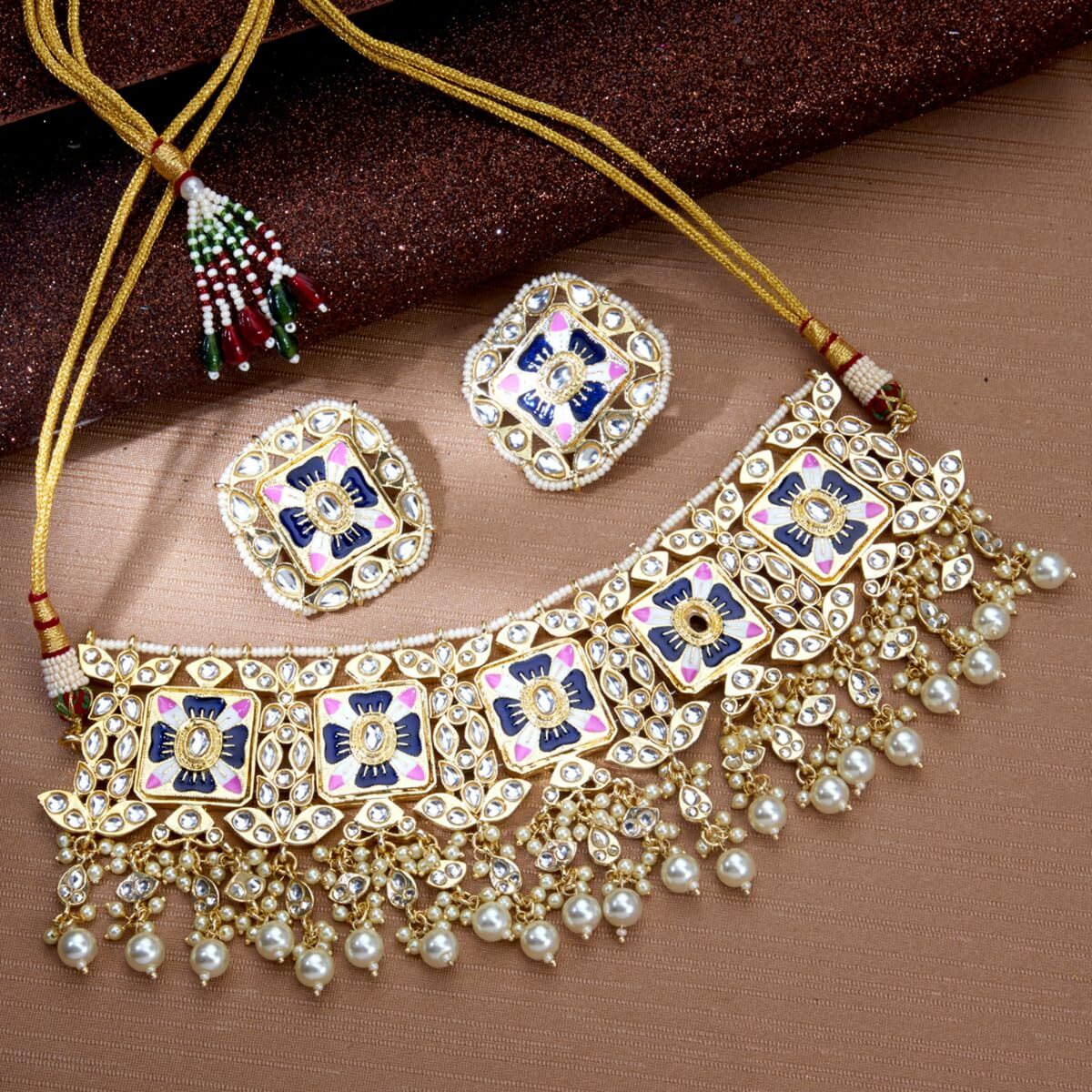 Sukkhi Alluring Pearl Gold Plated Kundan Meenakari Necklace Set for Women (SKR85703), Multi Colour, Free Size