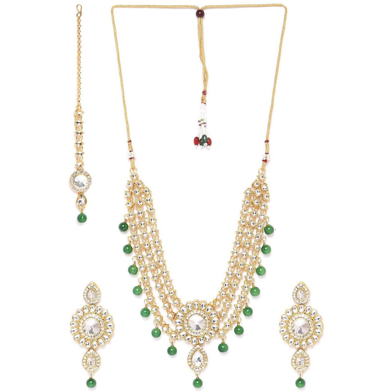 ZAVERI PEARLS Kundan & Green Beads Multistrand Necklace, Earring & Maangtikka Set For Women-ZPFK9594