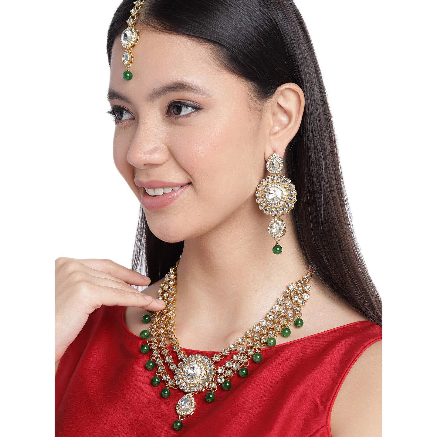 ZAVERI PEARLS Kundan & Green Beads Multistrand Necklace, Earring & Maangtikka Set For Women-ZPFK9594