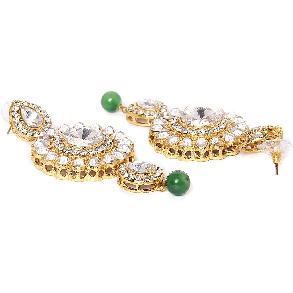 ZAVERI PEARLS Kundan & Green Beads Multistrand Necklace, Earring & Maangtikka Set For Women-ZPFK9594