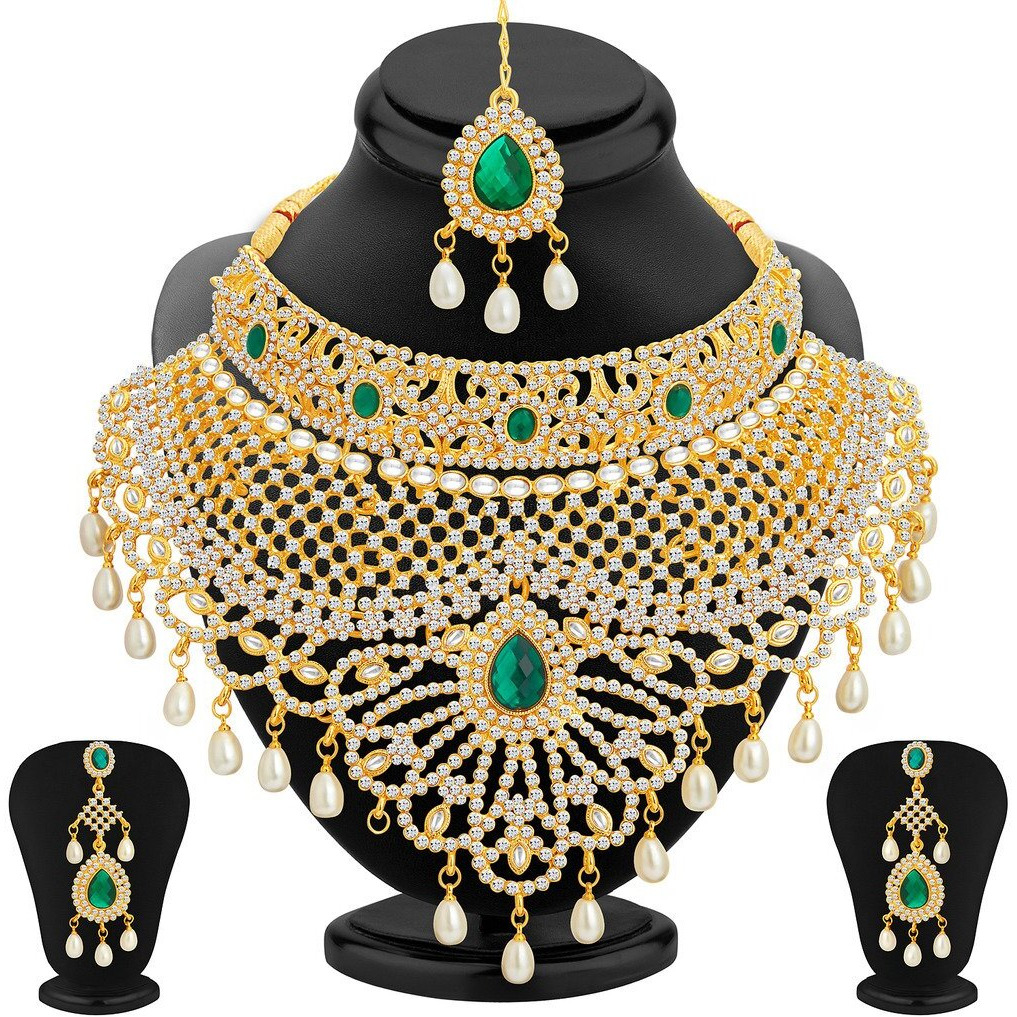 Sukkhi Incredible Pearl Gold Plated Wedding Jewellery Austrian Diamond Choker Necklace Set For Women (2418NADS3650_D1)