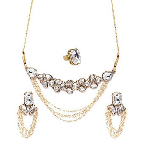 ZAVERI PEARLS Gold Tone Stones & Pearls Necklace Earring & Finger Ring Set For Women-ZPFK9997