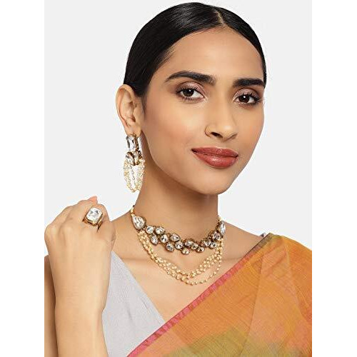ZAVERI PEARLS Gold Tone Stones & Pearls Necklace Earring & Finger Ring Set For Women-ZPFK9997