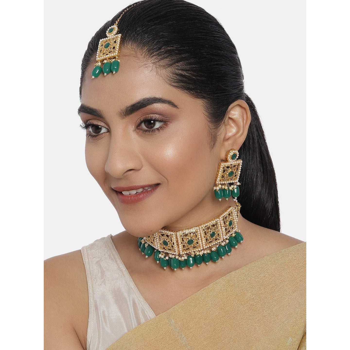 ZAVERI PEARLS Green Stones & Beads Wedding Collection Choker Necklace Earring & Maangtikka Set For Women-ZPFK10143