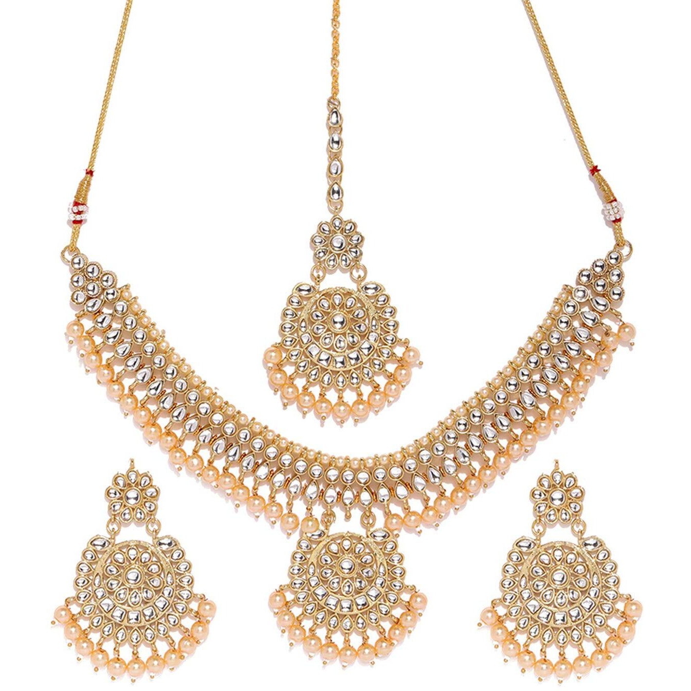 ZAVERI PEARLS Gold Tone Traditional Kundan & Pearls Necklace Set For Women-ZPFK8677