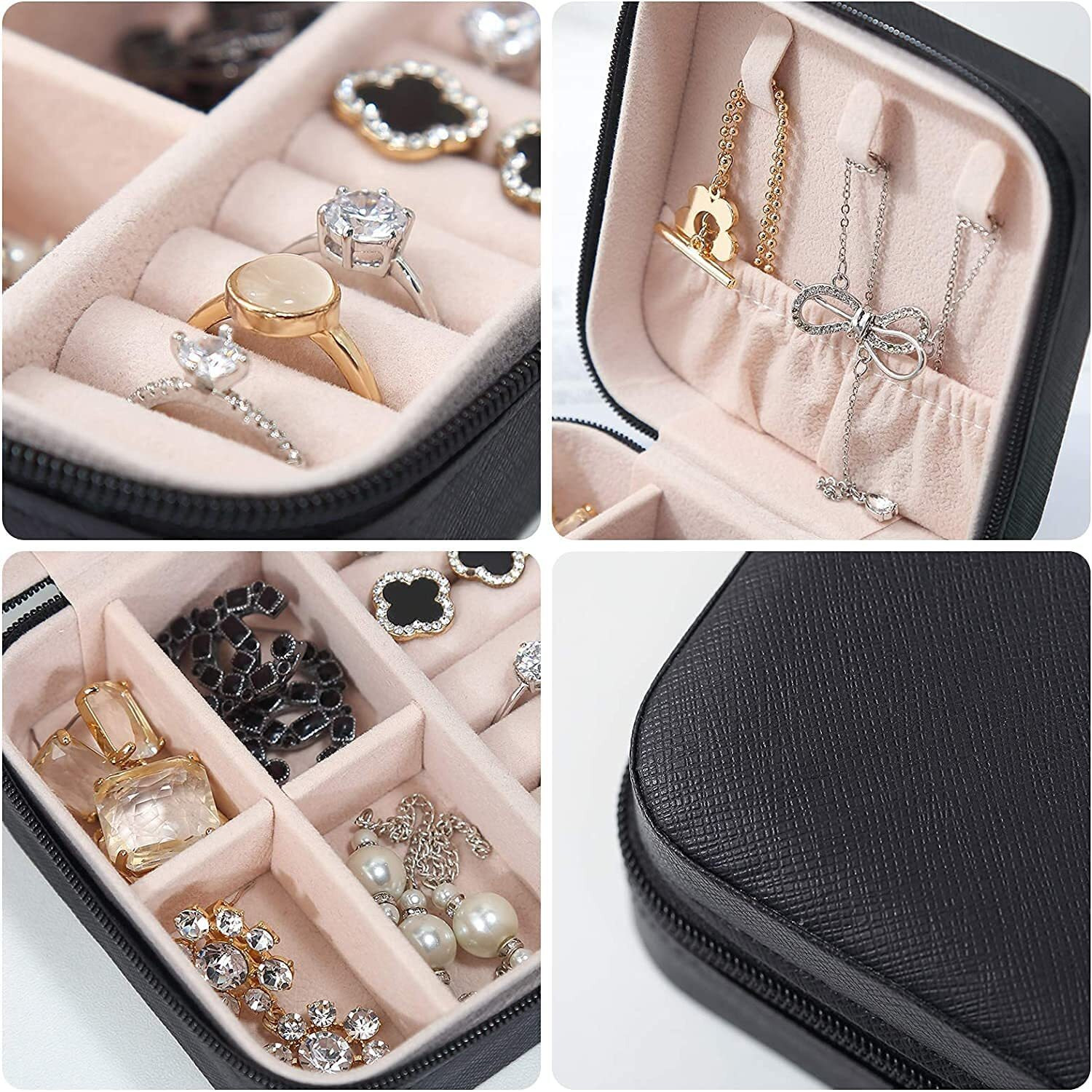 Fresh creation Jewellery Organiser PU Leather Zipper Portable Storage Box Case with Dividers Container for Rings, Earrings, Necklace Home Organizer (BLACK)