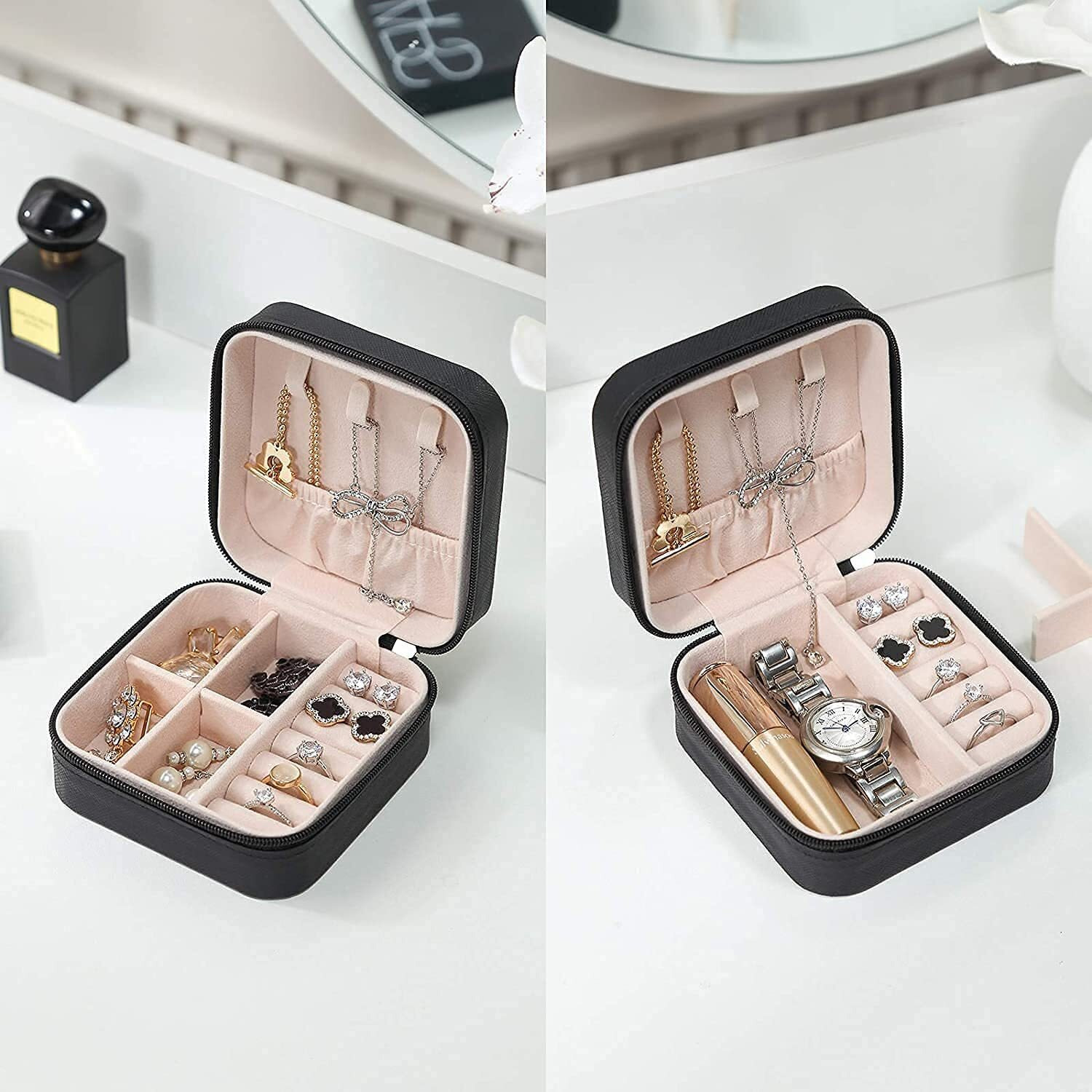 Fresh creation Jewellery Organiser PU Leather Zipper Portable Storage Box Case with Dividers Container for Rings, Earrings, Necklace Home Organizer (BLACK)
