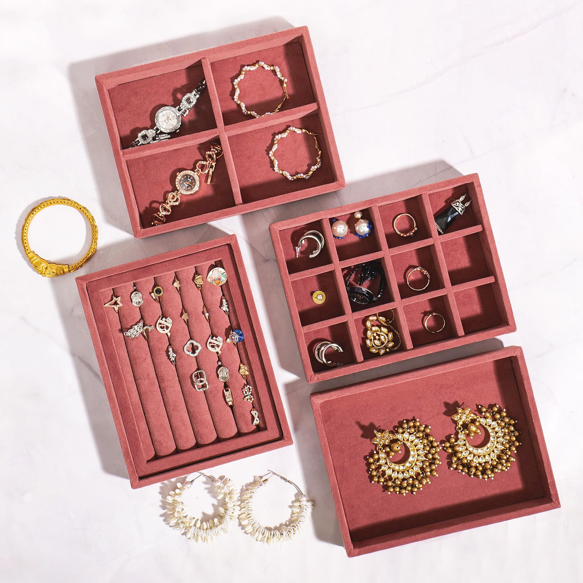 La Trove Luxury Velvet Stackable Drawer Organiser Jewellery Trays, Jewelry Organizer Tray for Earring Necklace Rings (Dark Pink, 20 * 16 * 3.5 Cm, Set Of 4)