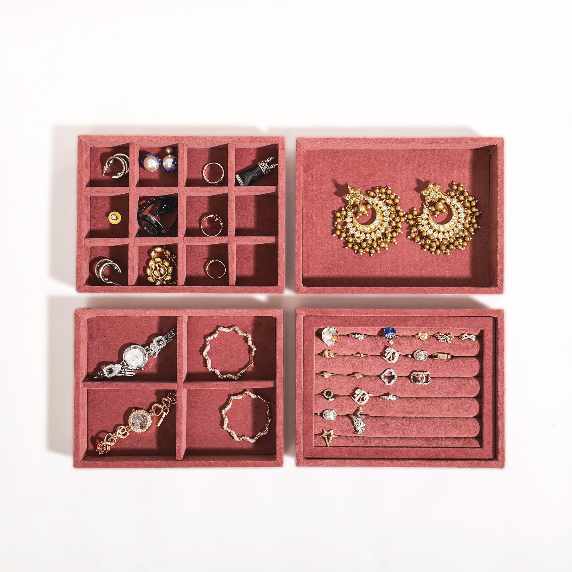 La Trove Luxury Velvet Stackable Drawer Organiser Jewellery Trays, Jewelry Organizer Tray for Earring Necklace Rings (Dark Pink, 20 * 16 * 3.5 Cm, Set Of 4)