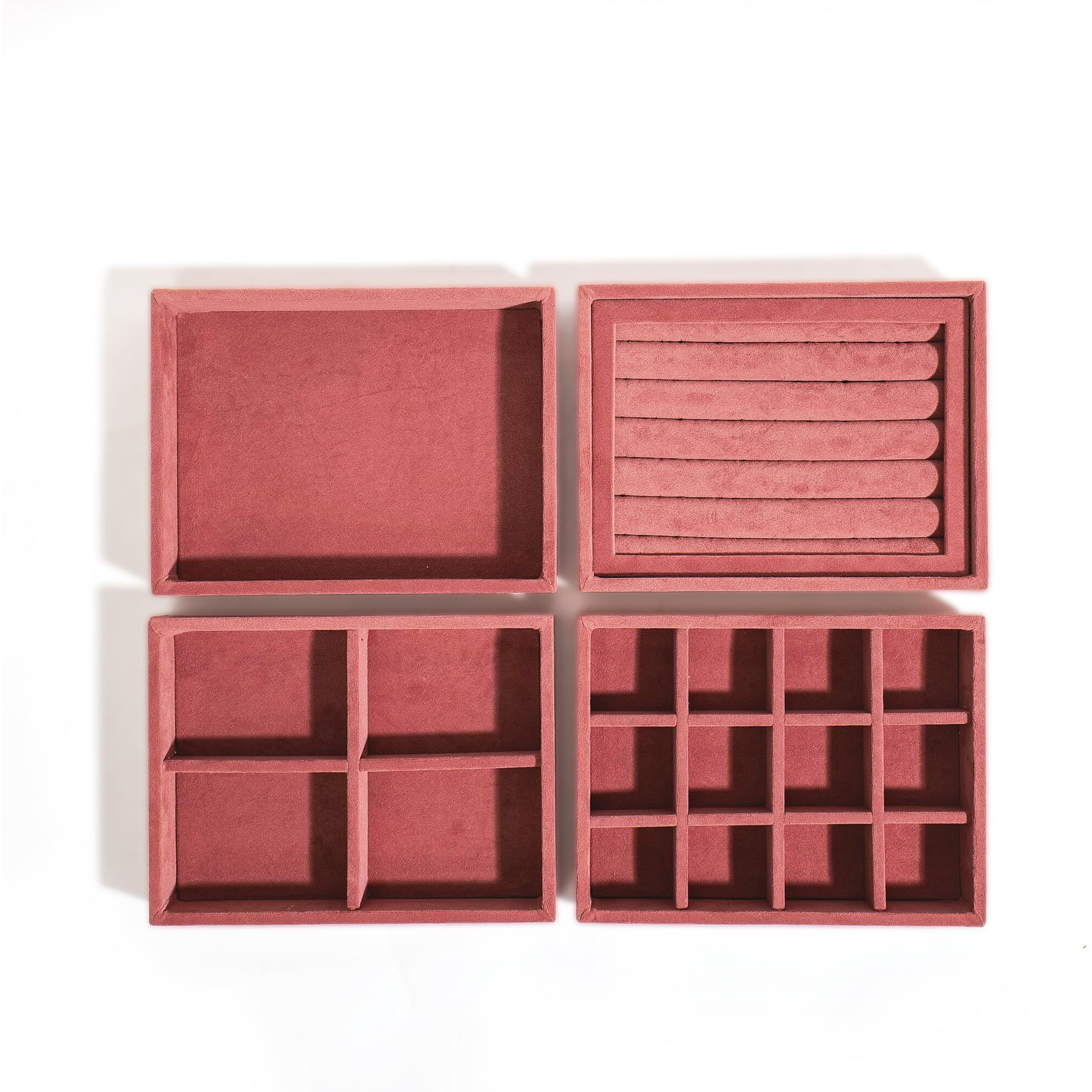 La Trove Luxury Velvet Stackable Drawer Organiser Jewellery Trays, Jewelry Organizer Tray for Earring Necklace Rings (Dark Pink, 20 * 16 * 3.5 Cm, Set Of 4)
