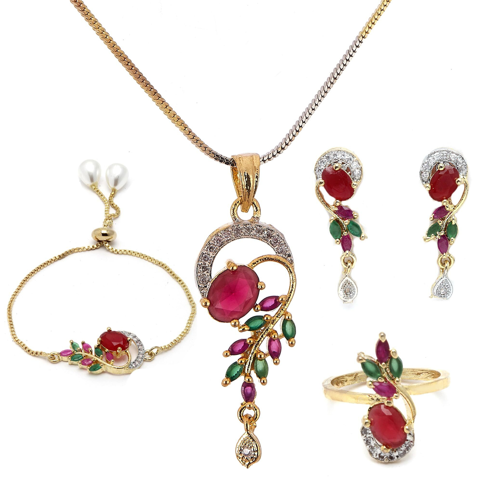 ZENEME Jewellery Set American Diamond Traditional Combo of Necklace Pendant Set, Ring, Bracelet with Earring Jewellery for Women and Girls (Red Green)