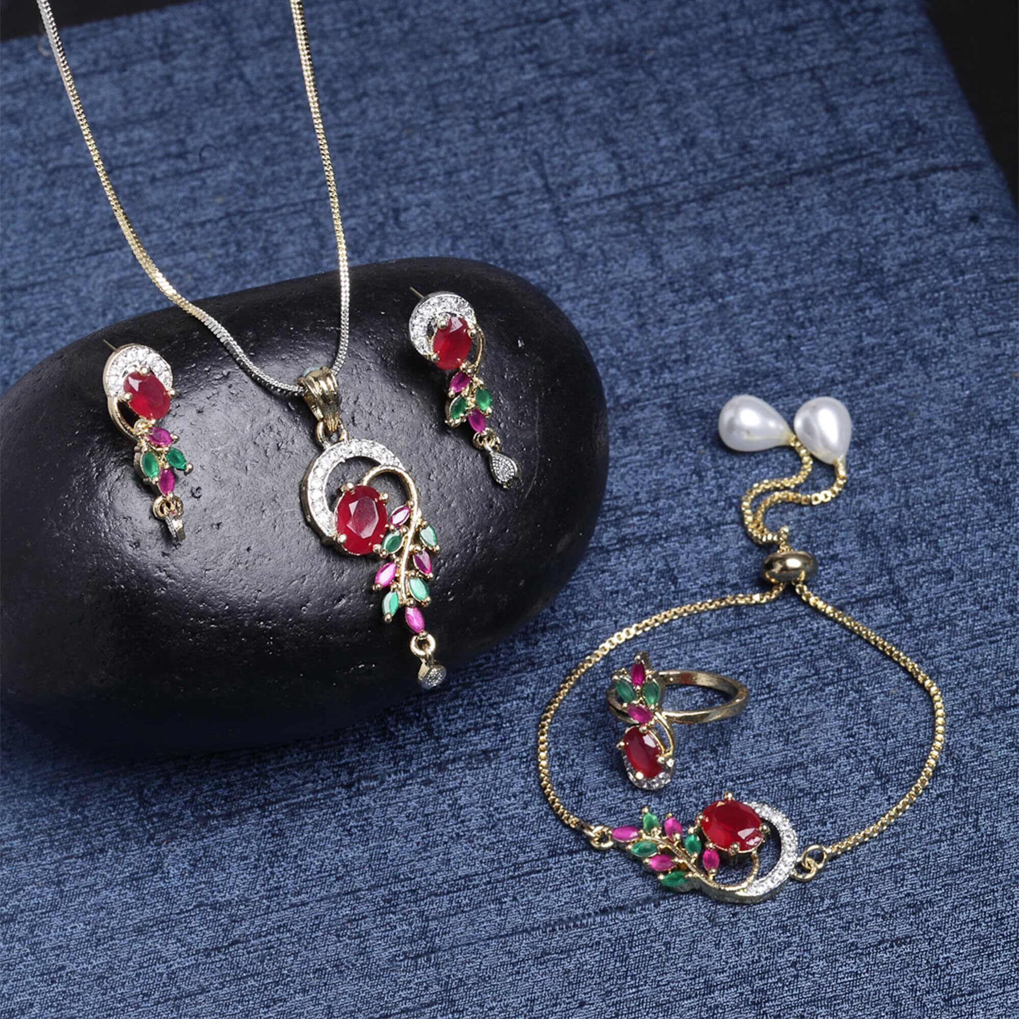 ZENEME Jewellery Set American Diamond Traditional Combo of Necklace Pendant Set, Ring, Bracelet with Earring Jewellery for Women and Girls (Red Green)