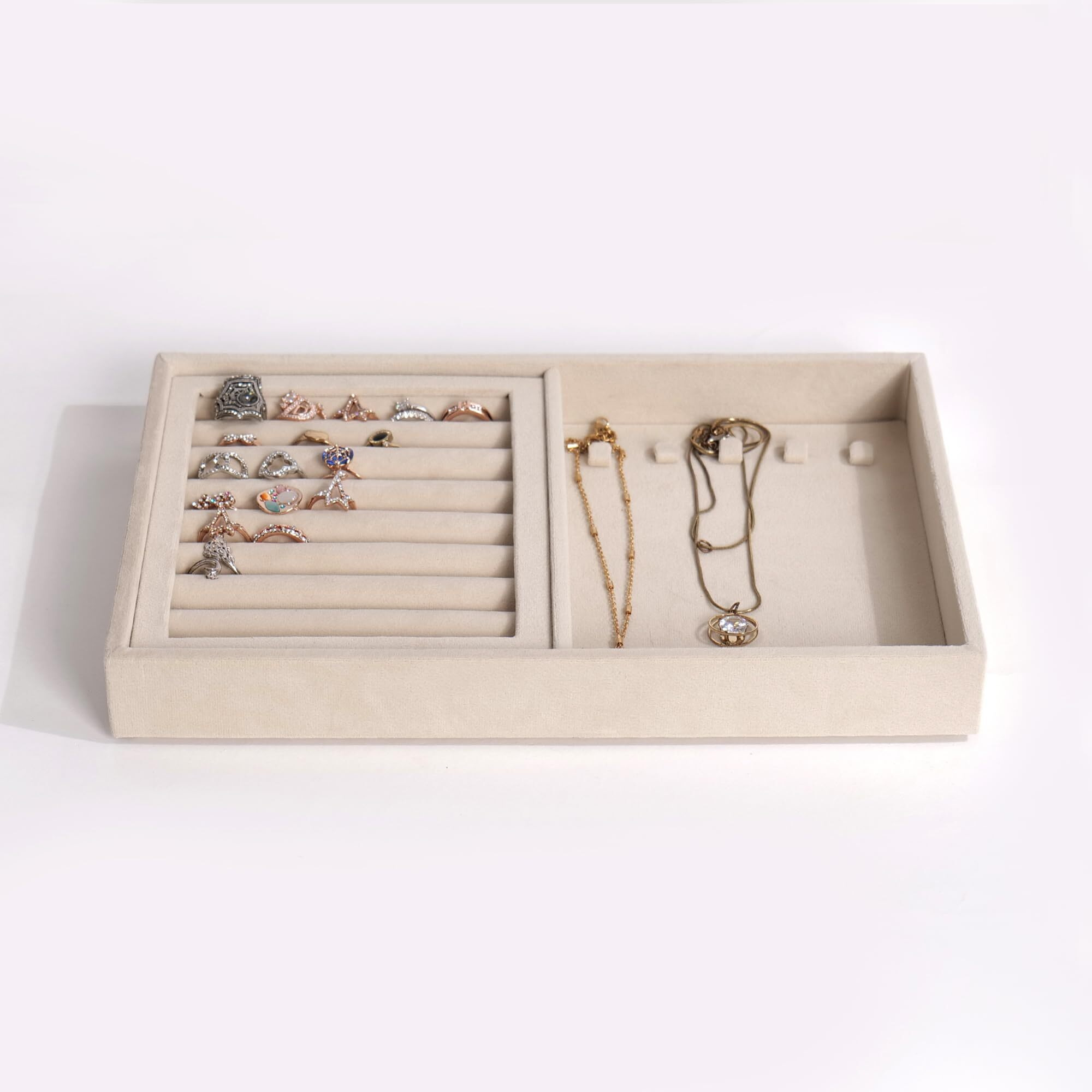 LA TROVE Luxury Velvet Stackable Drawer Organiser Jewellery Trays, Jewelry Organizer Tray for Earring Necklace Rings (Cream, 30 * 20 * 3.5 Cm, Ring & Chain)
