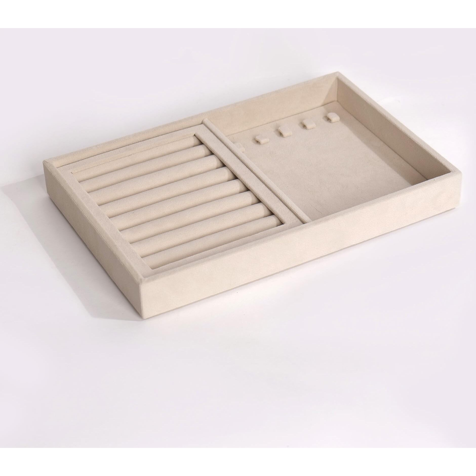LA TROVE Luxury Velvet Stackable Drawer Organiser Jewellery Trays, Jewelry Organizer Tray for Earring Necklace Rings (Cream, 30 * 20 * 3.5 Cm, Ring & Chain)