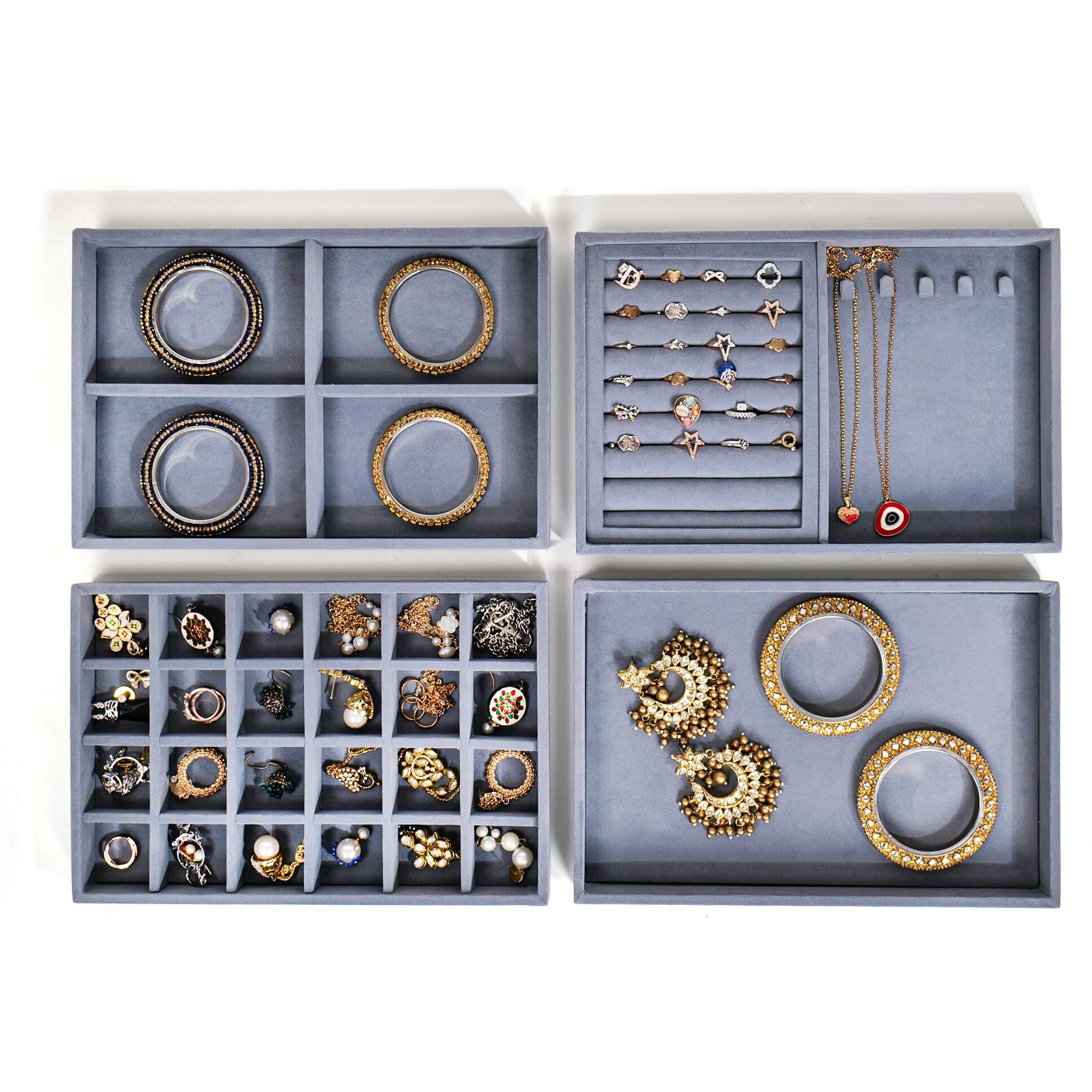 LA TROVE Luxury Velvet Jewellery Trays | Jewelry Drawer Display Organizer for Earrings, Chain, Rings (Grey, Set of 4 Trays, 30x20x3.5 cm)