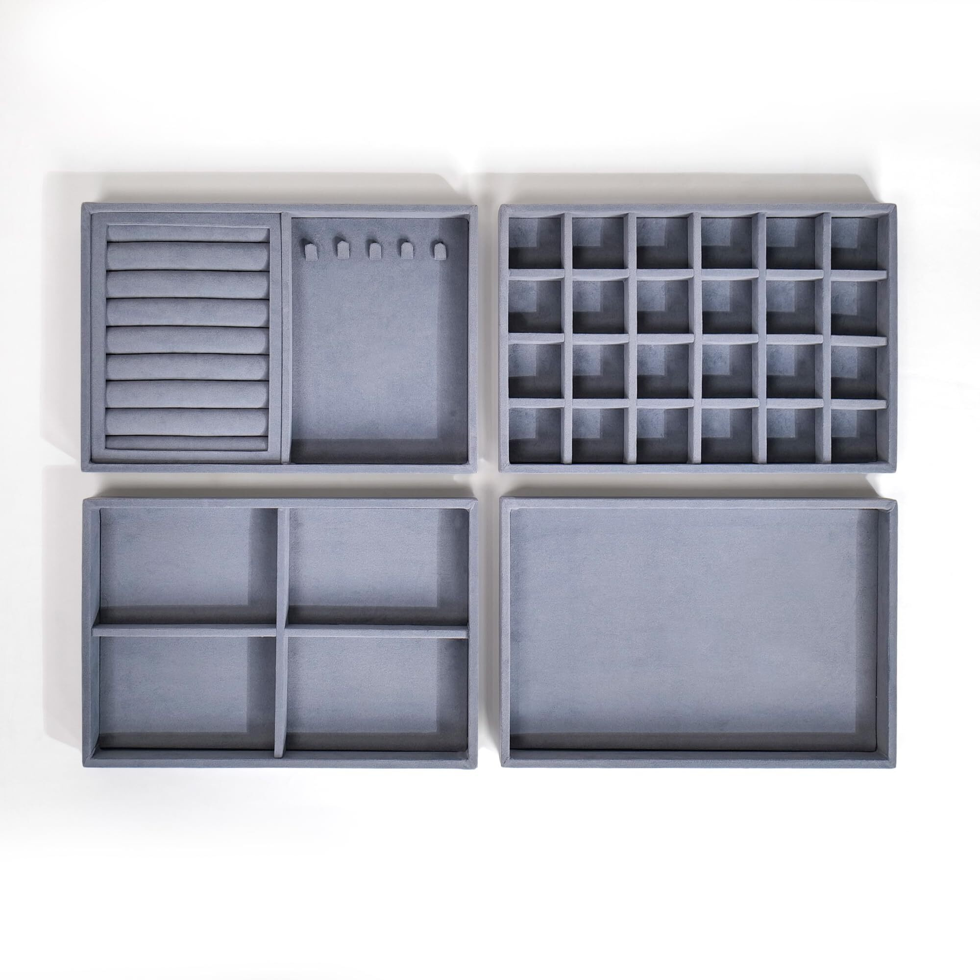 LA TROVE Luxury Velvet Jewellery Trays | Jewelry Drawer Display Organizer for Earrings, Chain, Rings (Grey, Set of 4 Trays, 30x20x3.5 cm)