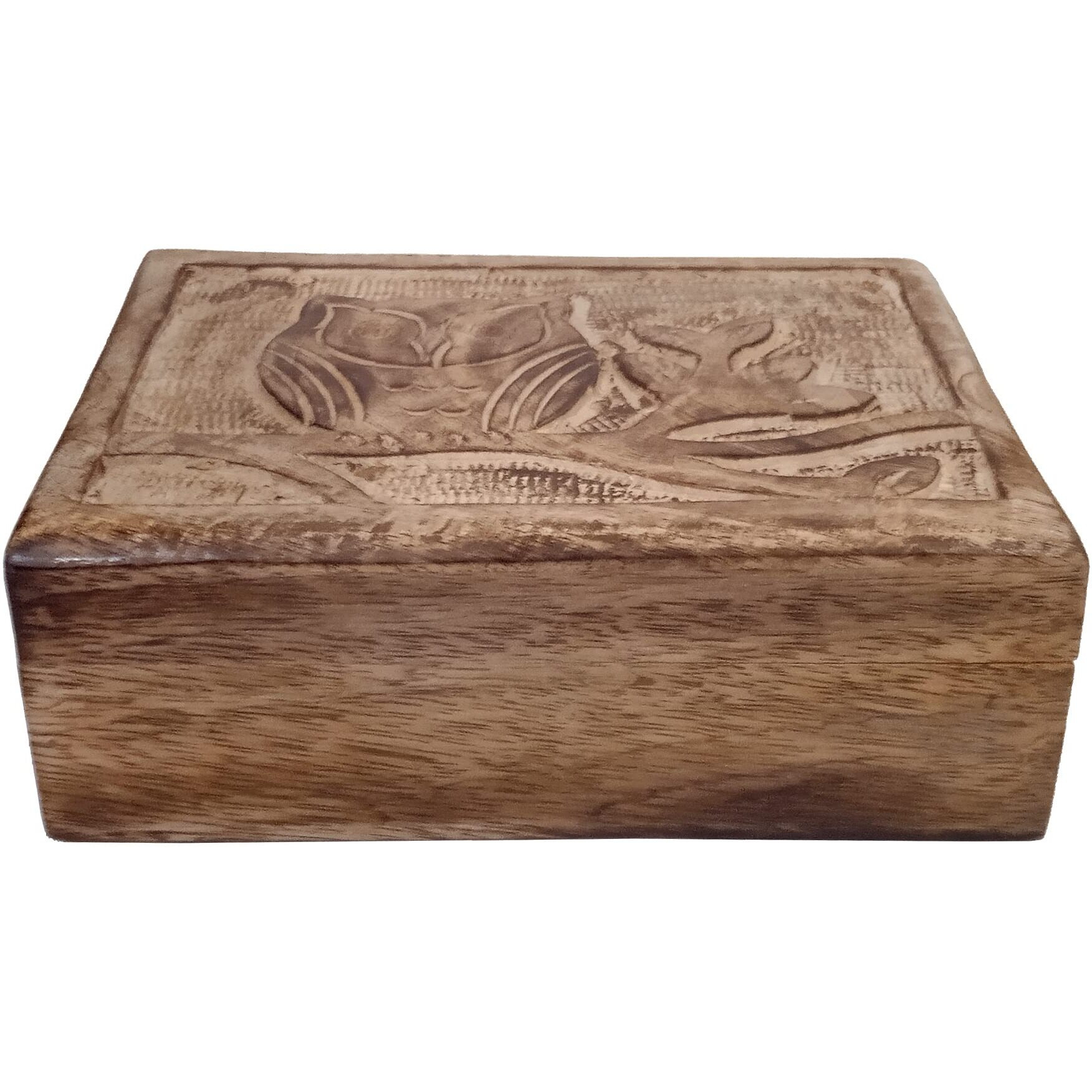 Purpledip Wooden Handcarved Box Night Owl For Jewelry, Trinkets, Cards, or Tea Bags, Distress Brown (10790)