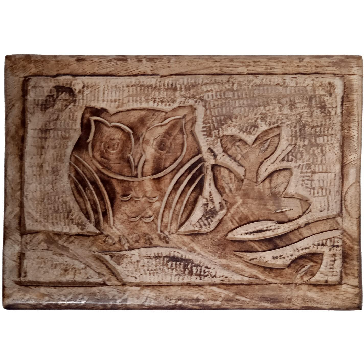 Purpledip Wooden Handcarved Box Night Owl For Jewelry, Trinkets, Cards, or Tea Bags, Distress Brown (10790)