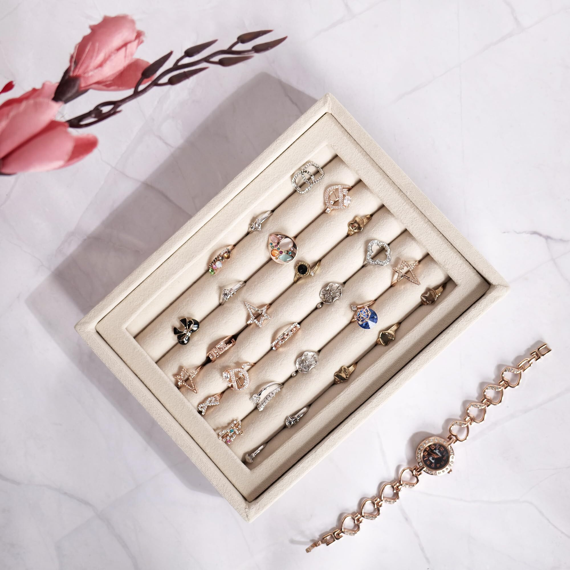 La Trove Velvet Jewellery Ring Drawer Organizer Tray - Cream(Ring) | Stackable Tray for Drawer | Storage Display for Earrings, Chains, Rings and Other Jewellery Accessories - 20x16x3.5 cm