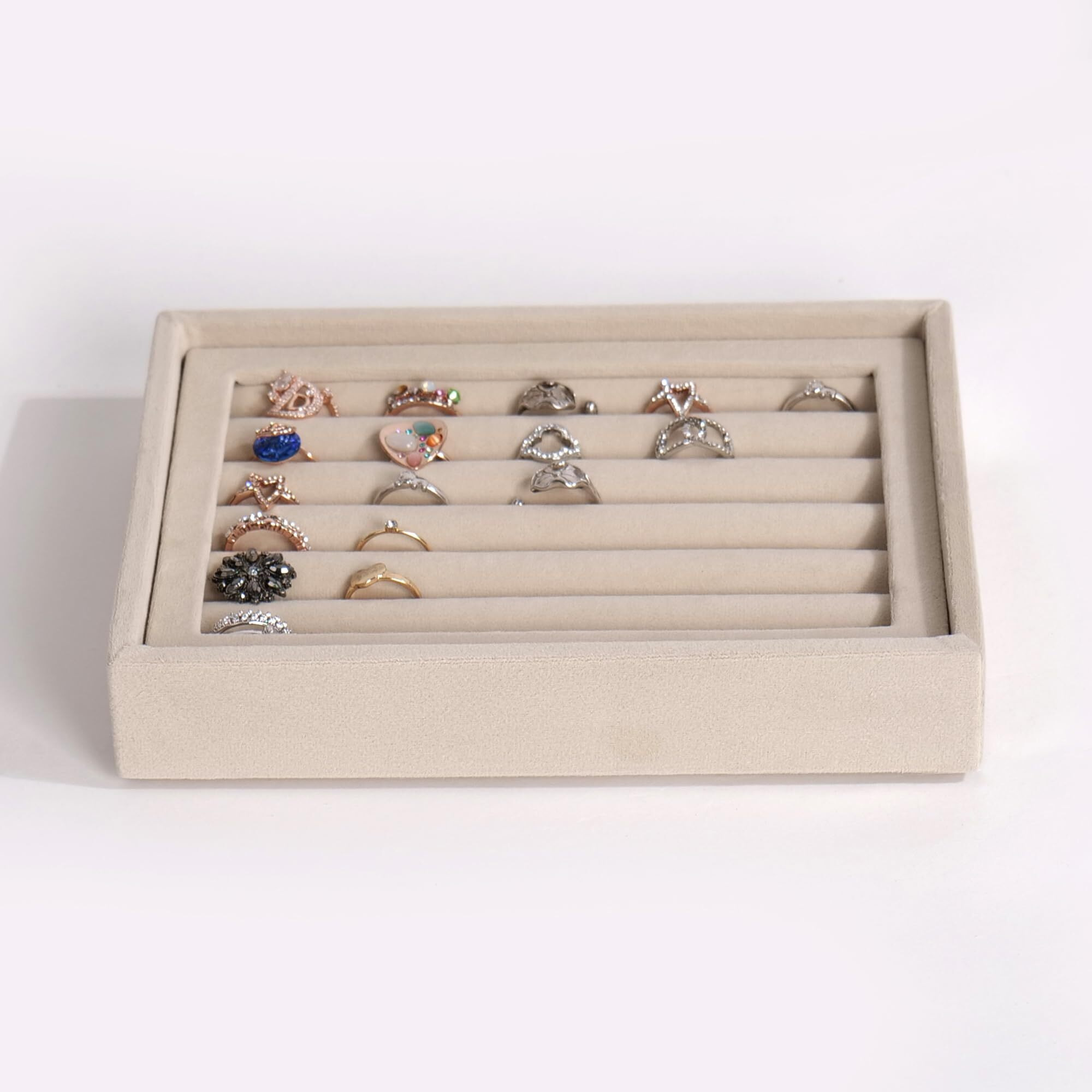 La Trove Velvet Jewellery Ring Drawer Organizer Tray - Cream(Ring) | Stackable Tray for Drawer | Storage Display for Earrings, Chains, Rings and Other Jewellery Accessories - 20x16x3.5 cm