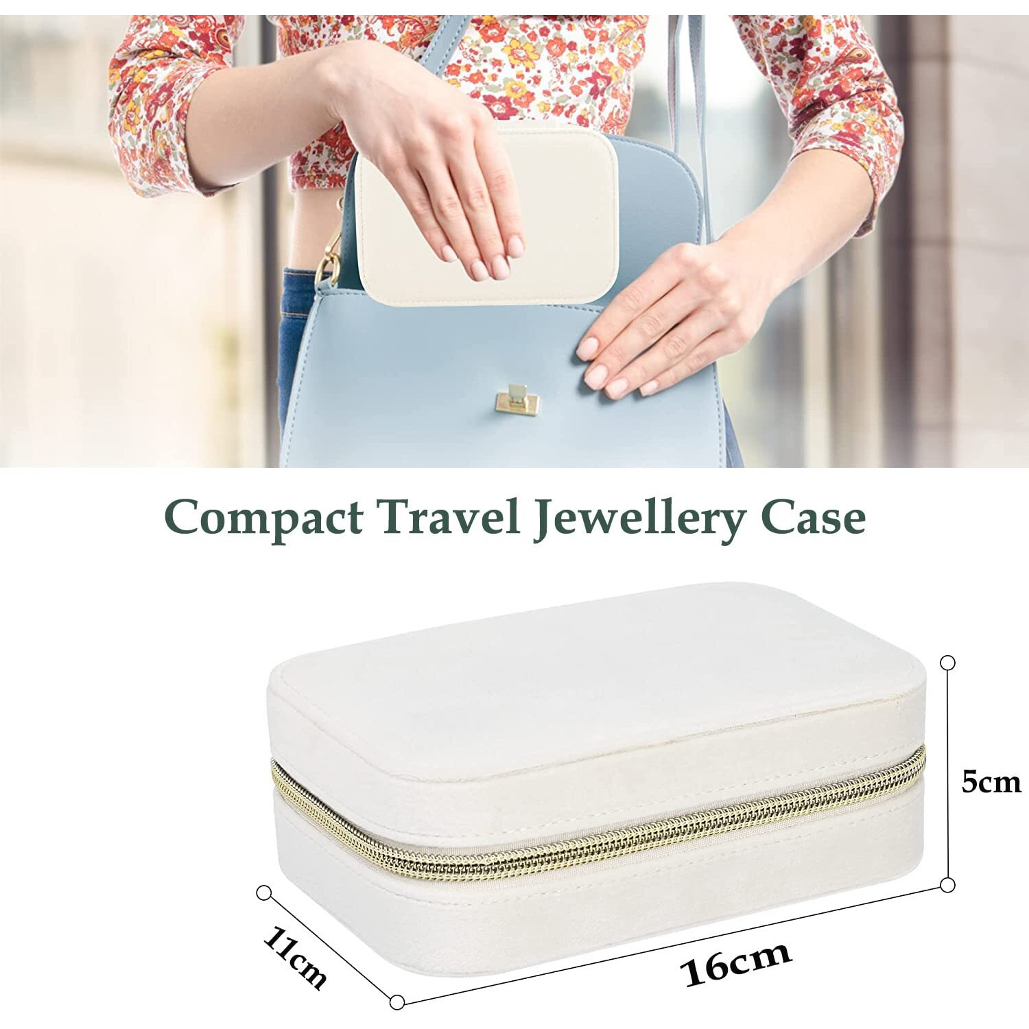 OCEANEVO Velvet Jewellery Box for Women, Travel Earrings Organiser Box, Portable Jewellery Box Organisers for Rings, Earrings, Bracelets, Necklaces - 16 x 11 x 5 CM - Beige - 2 Layer
