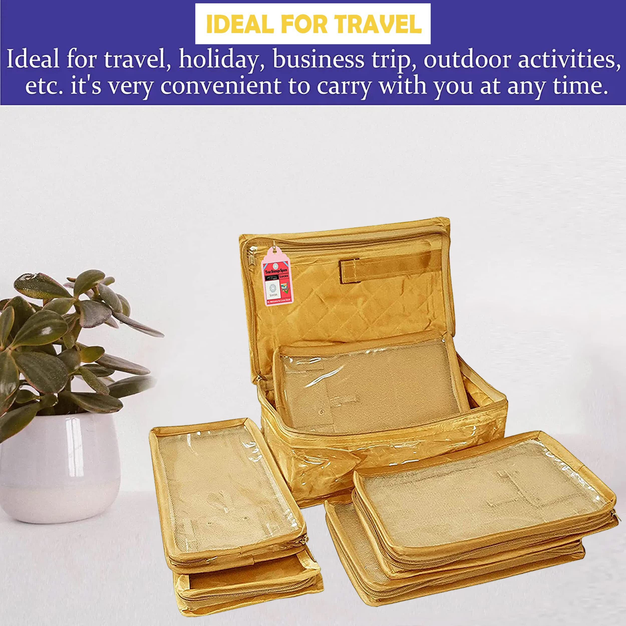 LUCES Satin Womens Makeup Cosmetic Jewellery Organizer Necklace Zipper Pouches Ring Earring Tops Studs Travelling Kit with 5 Pouch Bag Case (Golden, Large)