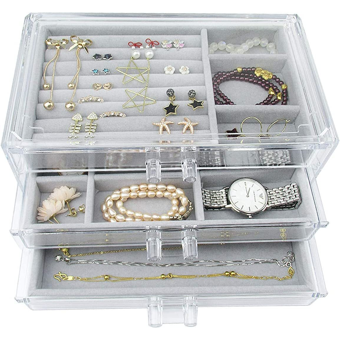 Snazzy Acrylic Jewelry Box 3 Drawers, Velvet Jewelry Organizer, Earring Rings Necklaces Bracelets Display Case Gift for Women, Girls (Gray)