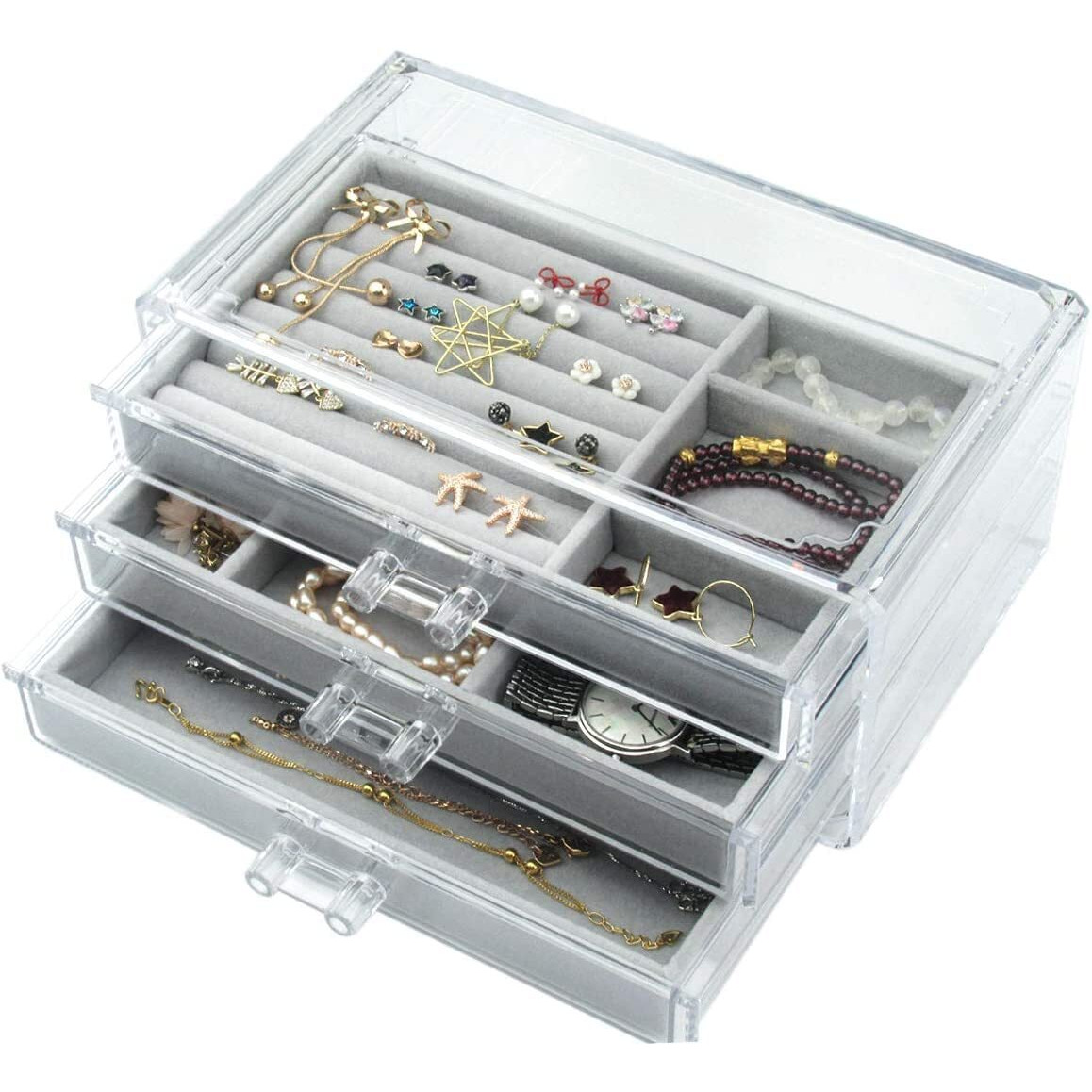 Snazzy Acrylic Jewelry Box 3 Drawers, Velvet Jewelry Organizer, Earring Rings Necklaces Bracelets Display Case Gift for Women, Girls (Gray)