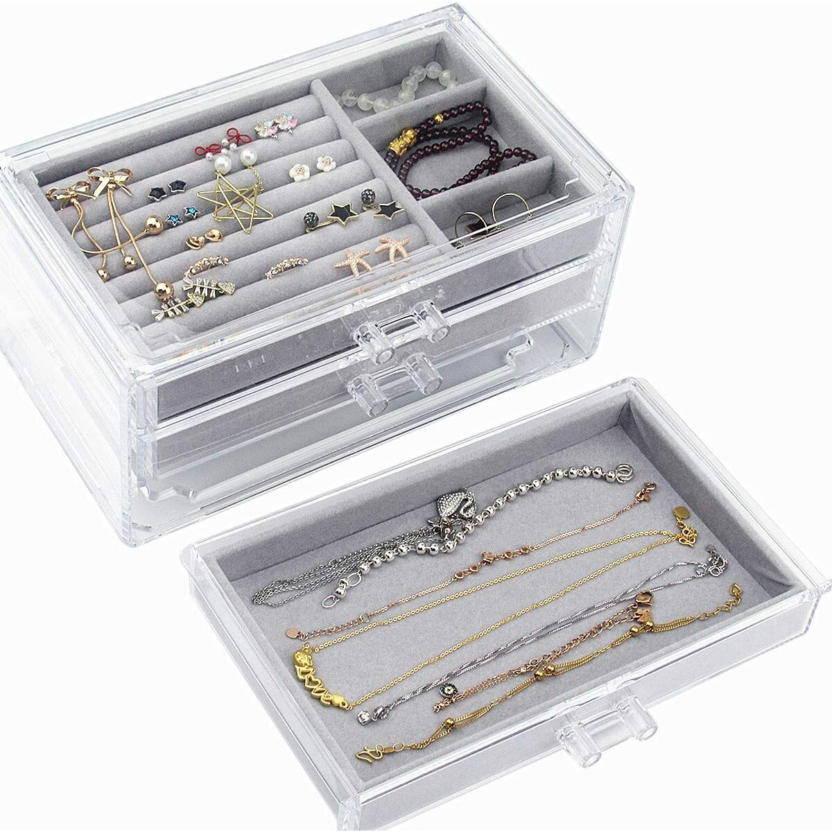 Snazzy Acrylic Jewelry Box 3 Drawers, Velvet Jewelry Organizer, Earring Rings Necklaces Bracelets Display Case Gift for Women, Girls (Gray)
