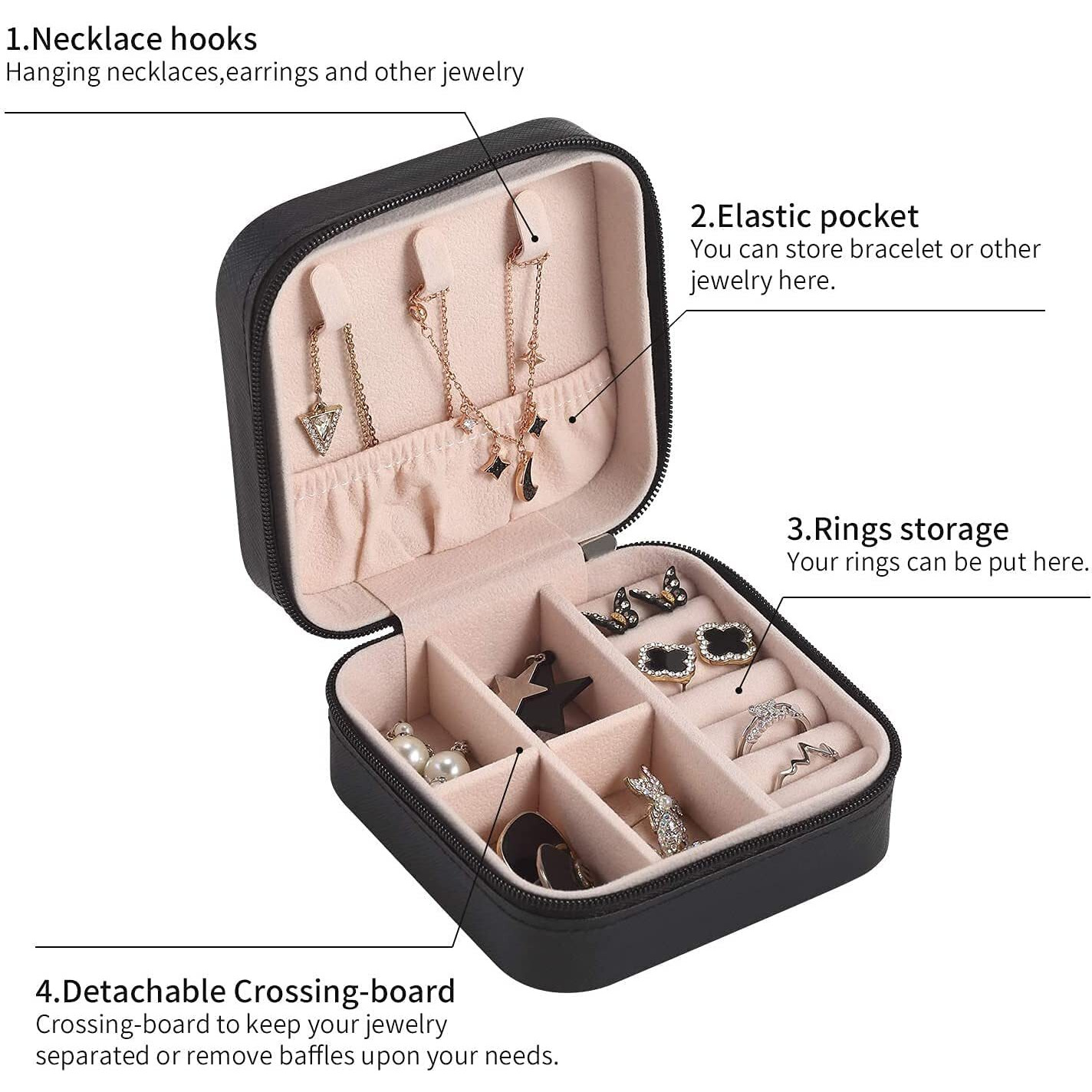 YouBella Jewellery Organiser PU Leather Zipper Portable Storage Box Case with Dividers Container for Rings, Earrings, Necklace Home Organizer, (Black)
