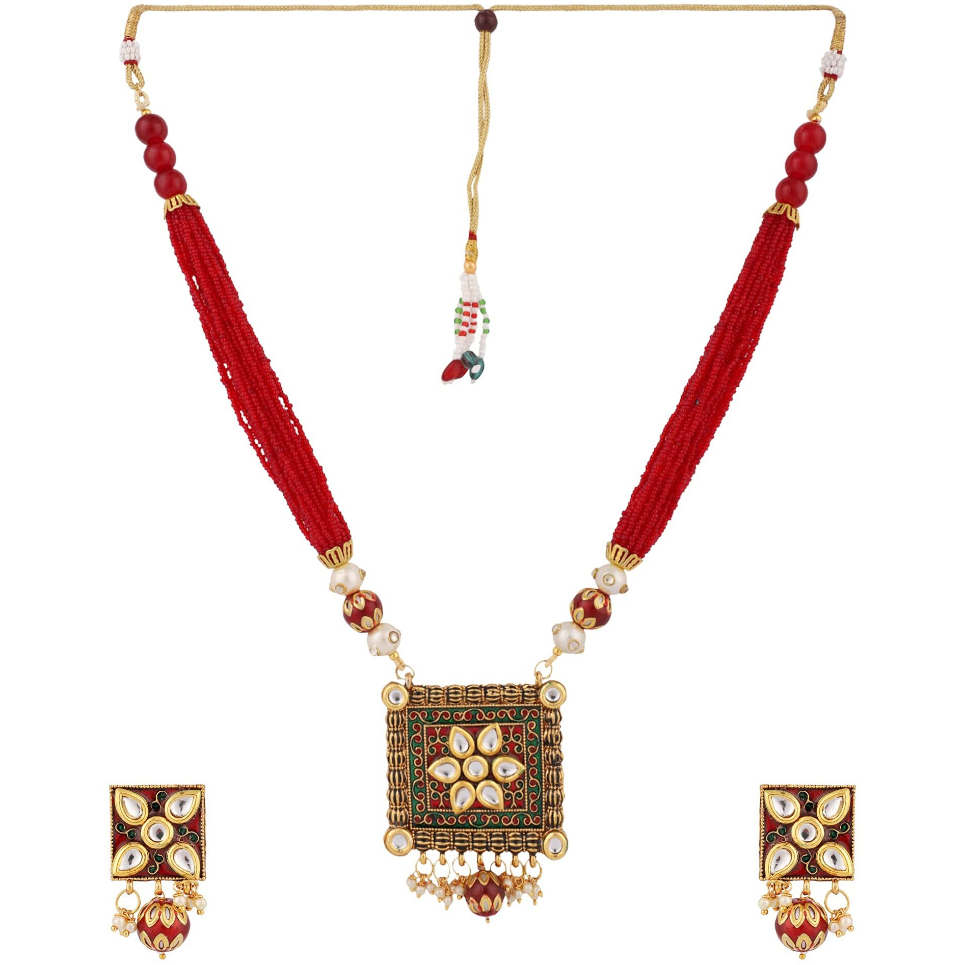 Piah Fashion Marvelous Gold Plated Brass Square Shape Kundan With Red & Green Minaakari & Pearl Necklace Set For Women & Girls (Red)
