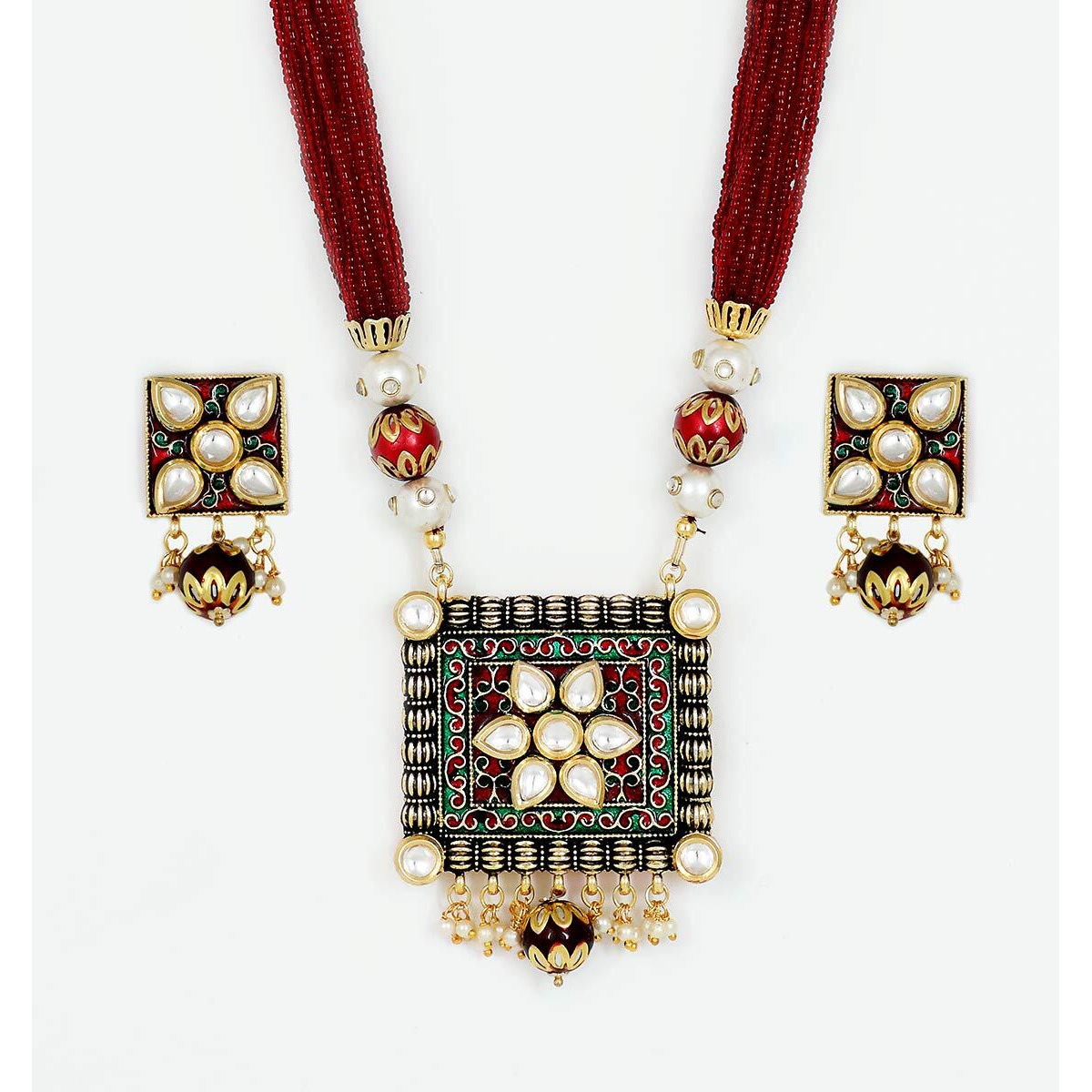 Piah Fashion Marvelous Gold Plated Brass Square Shape Kundan With Red & Green Minaakari & Pearl Necklace Set For Women & Girls (Red)