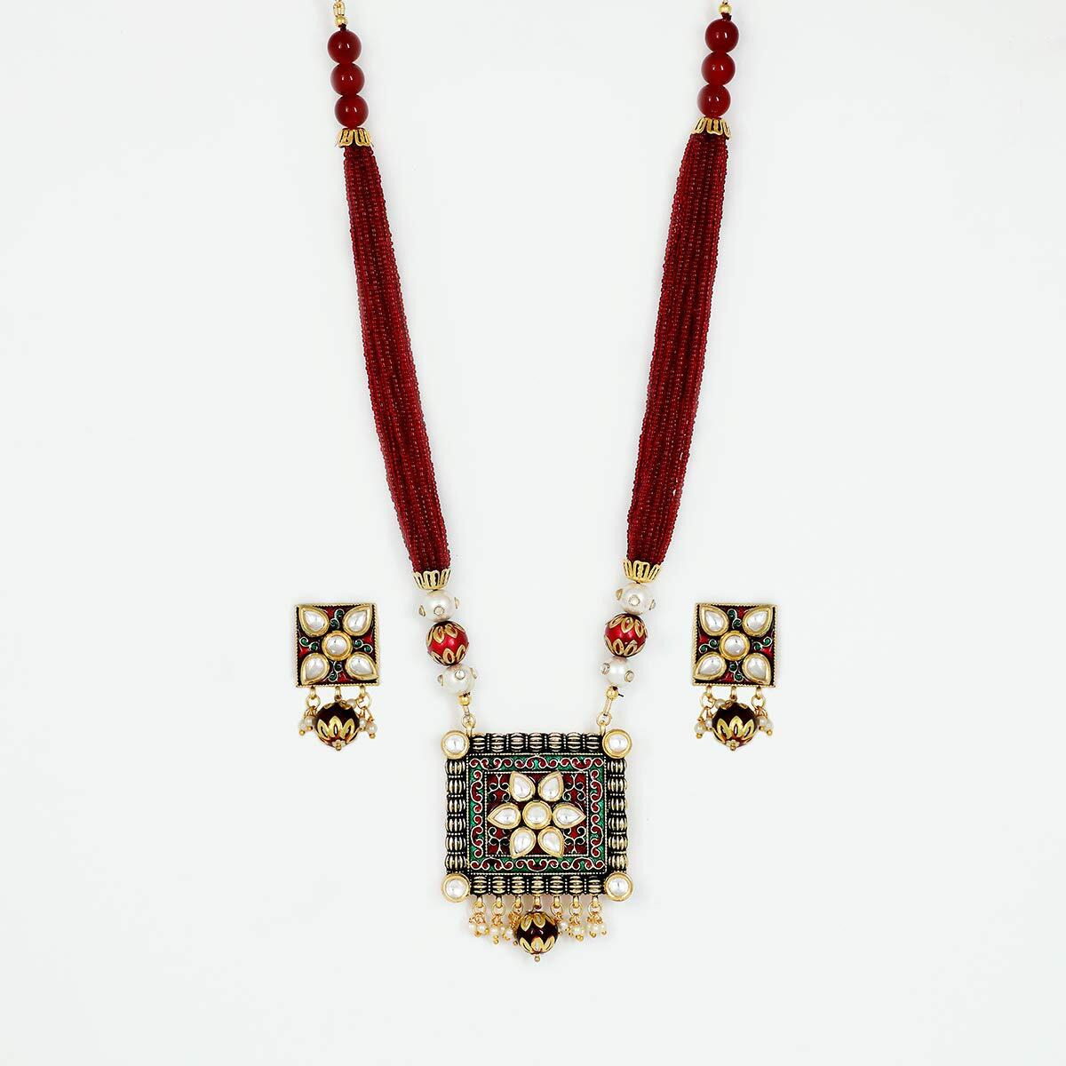 Piah Fashion Marvelous Gold Plated Brass Square Shape Kundan With Red & Green Minaakari & Pearl Necklace Set For Women & Girls (Red)