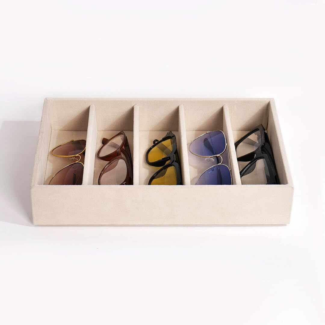 La Trove Luxury Velvet 5 Slot SUNGLASS GOGGLES Drawer Organizer Storage Tray | Colour - Cream, Size - 30x20x5 cm | Eyewear Display Storage Tray | Velvet Display Case for Women & Men