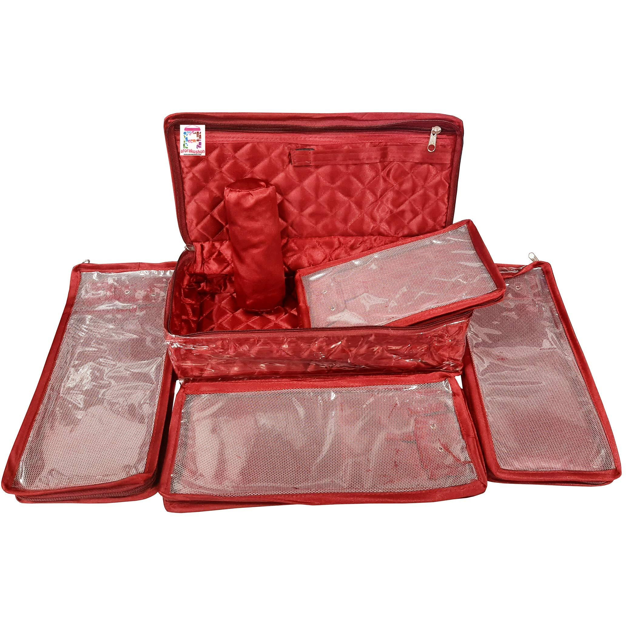 atorakushon Satin Maroon Combo Make-Up Pouch Jewellery Bangle Necklace Organizer Ring Box and Earrings Folder Half Set Bag for Women
