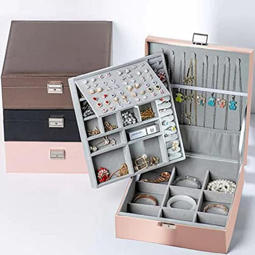 KRESHU Stylish 2 Layer PU-Leather Jewelry Box | Large Capacity Travel Safe Storage Organizer | Case with Removable Tray for Womans/Girls Necklaces, Earrings, Rings, Bracelets, Bangles (PINK)