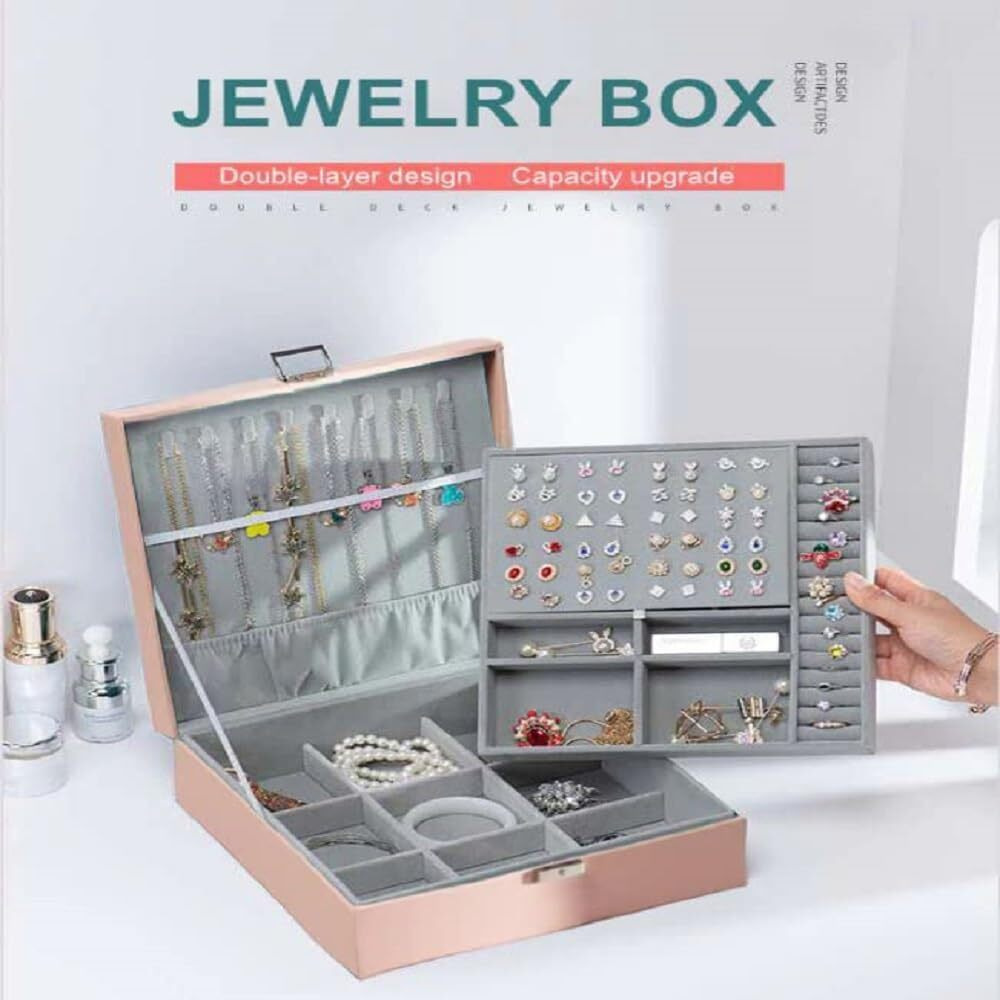 KRESHU Stylish 2 Layer PU-Leather Jewelry Box | Large Capacity Travel Safe Storage Organizer | Case with Removable Tray for Womans/Girls Necklaces, Earrings, Rings, Bracelets, Bangles (PINK)