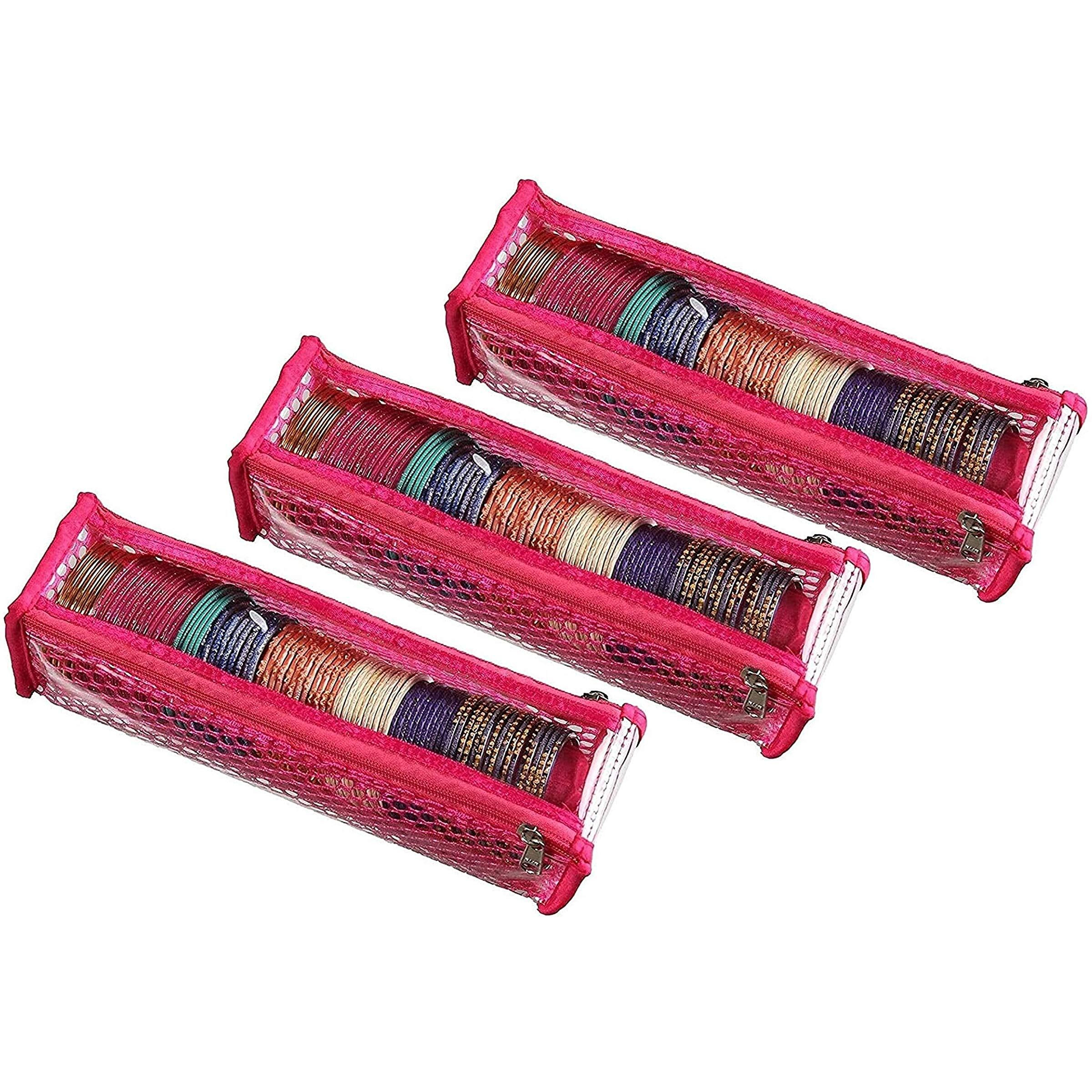 SRAJANAA Transparent PVC Single Rod Storage Bangle Pouch/Box for Women | Latest Bangles, Jewellery, Chudi, Bridal Bracelets Organizer | (Set of 3) (Pink)
