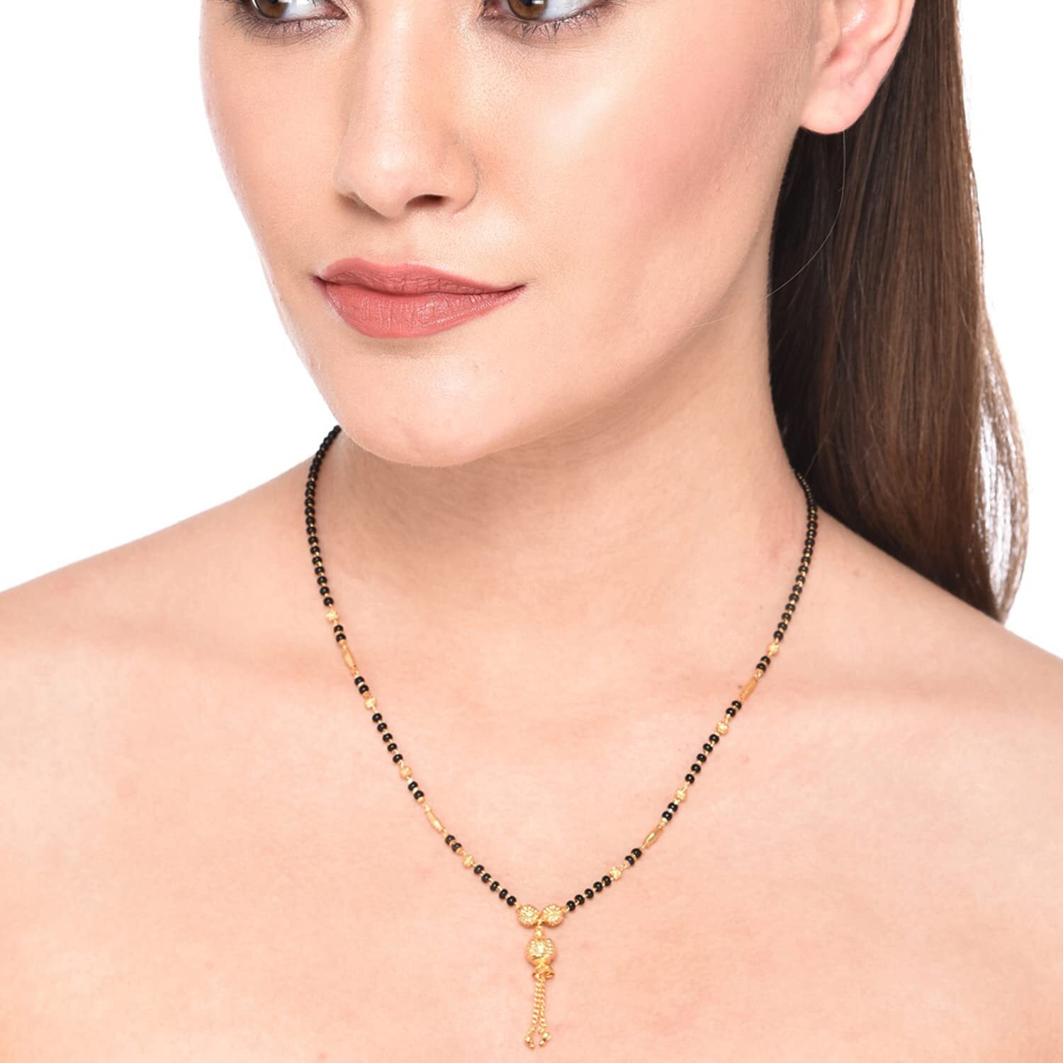 ZENEME Gold-Plated Black & White Artificial Stones Studded & Beads Beaded Locket Mangalsutra For Women (Design 8)