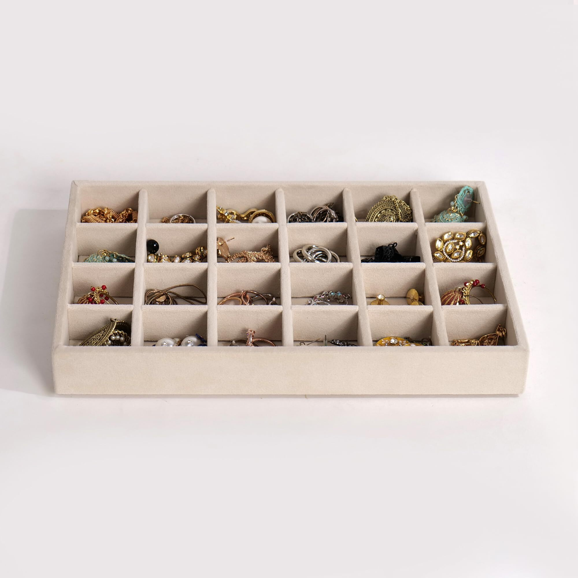 LA TROVE Luxury Velvet Jewellery Trays | Jewelry Drawer Display Organizer for Earrings, Chain, Rings (Cream, 24 Grid, 30x20x3.5 cm)