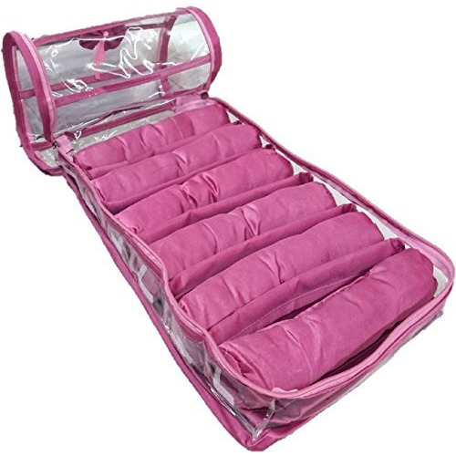 atorakushon Satin Pink Jewellery Bangle Storage Box Makeup Pouch 6 Rods Bangle Travelling Organizer for Women