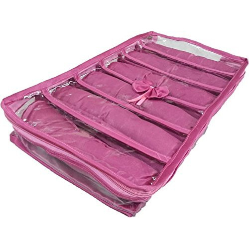 atorakushon Satin Pink Jewellery Bangle Storage Box Makeup Pouch 6 Rods Bangle Travelling Organizer for Women