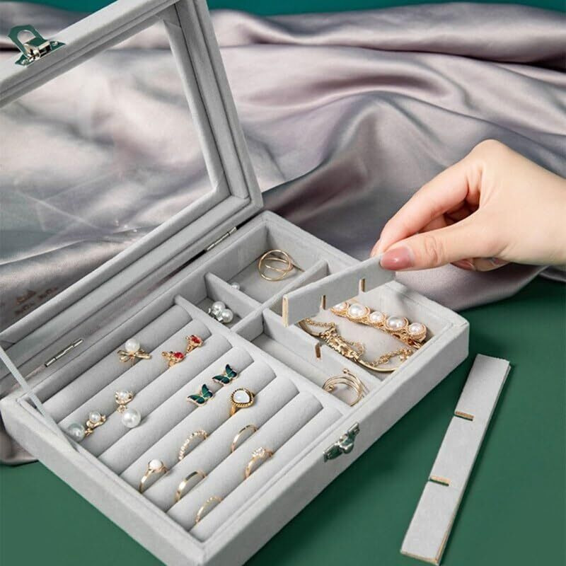 YouBella Jewellery Box Jewellery Organiser Box Velvet Clear Lid Jewelry Organizer, Ring Earring Bracelets Jewelry Storage Case, Portable Jewelry Box for Girls Women (Grey)