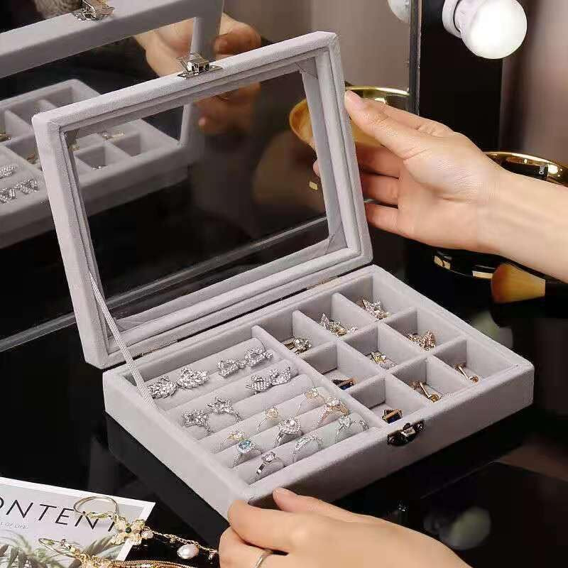 YouBella Jewellery Box Jewellery Organiser Box Velvet Clear Lid Jewelry Organizer, Ring Earring Bracelets Jewelry Storage Case, Portable Jewelry Box for Girls Women (Grey)