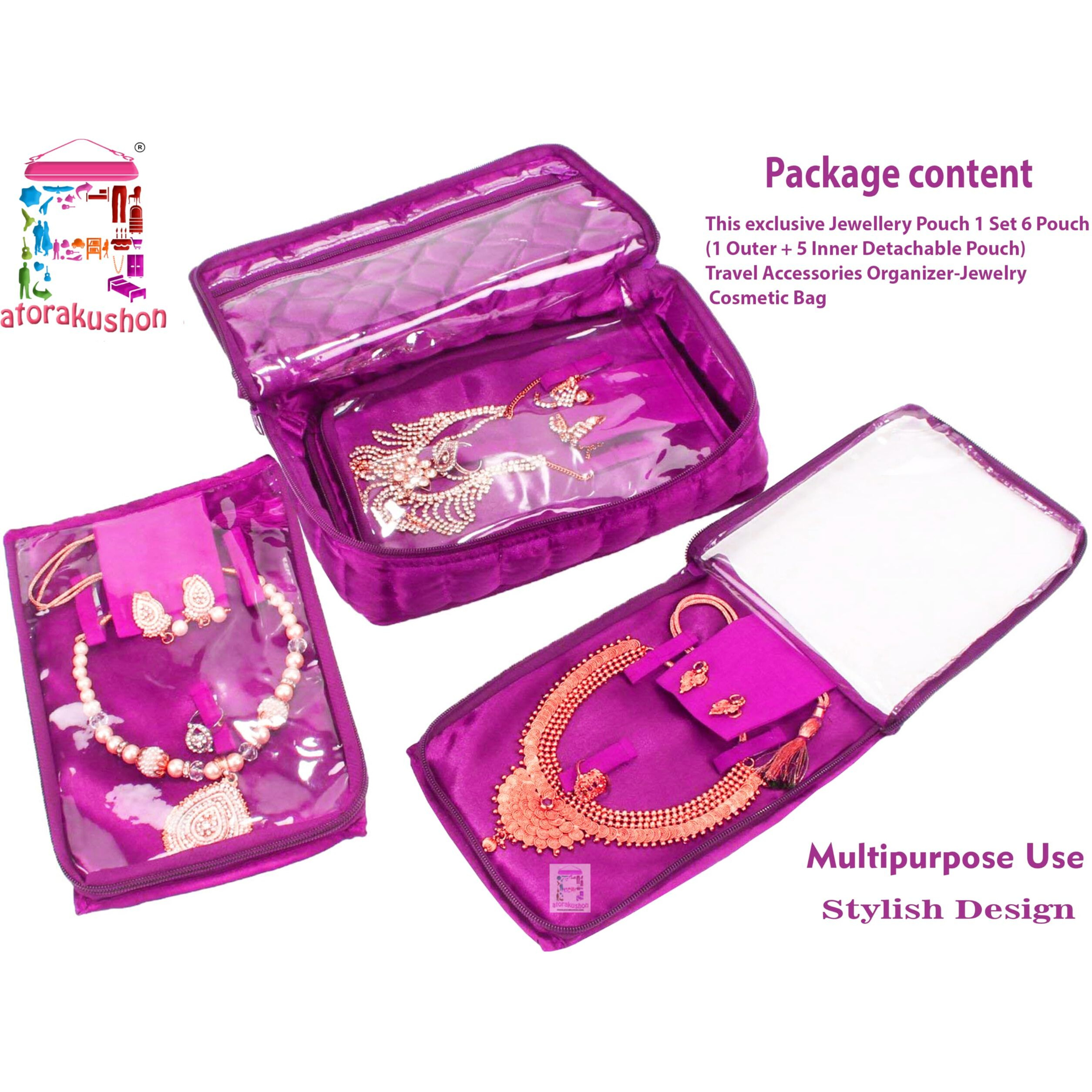 Atorakushon Satin Purple Jewellery 5 Pouches Necklace Earrings Tops Studs Half Set Bag Box Case Organizer for Women Girls
