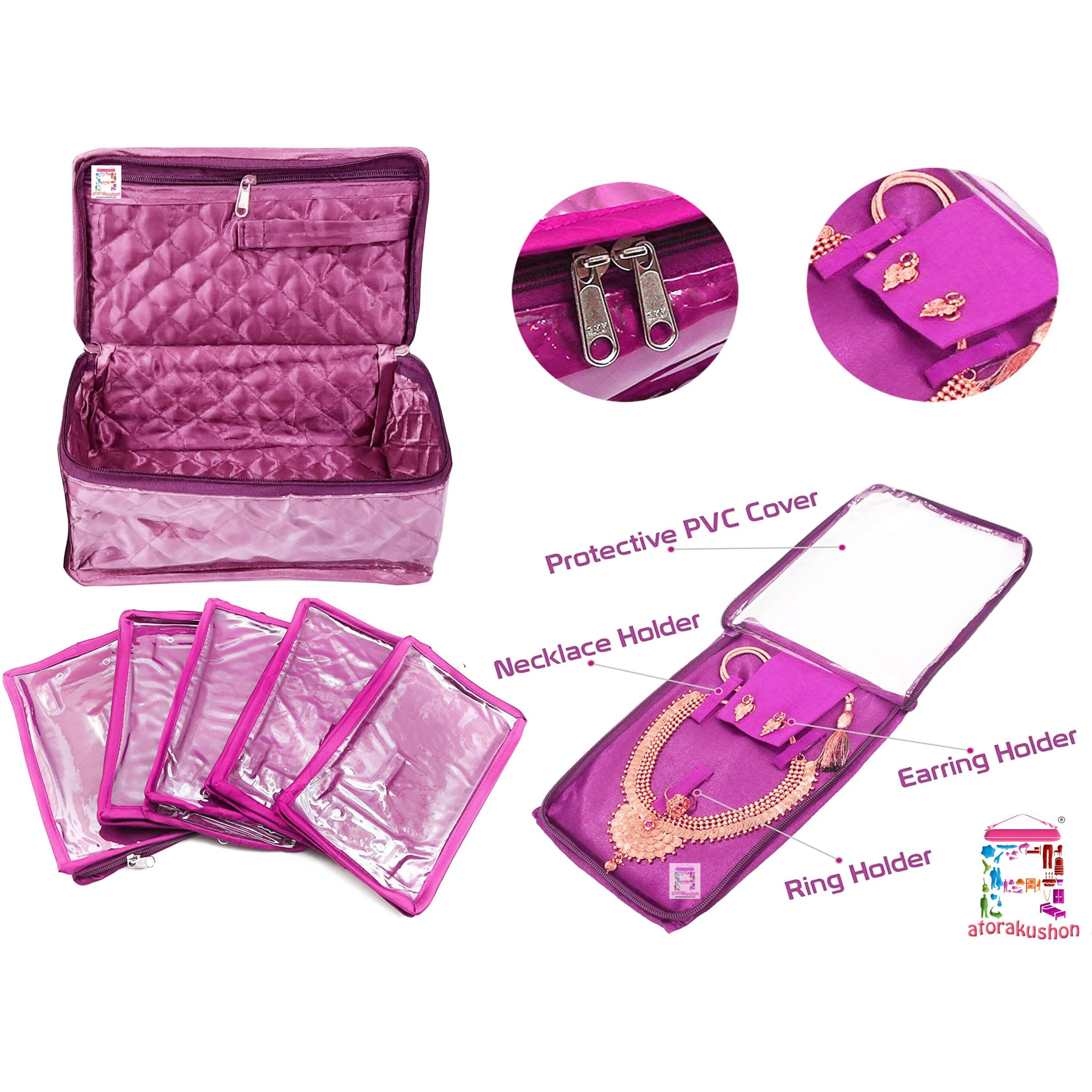Atorakushon Satin Purple Jewellery 5 Pouches Necklace Earrings Tops Studs Half Set Bag Box Case Organizer for Women Girls