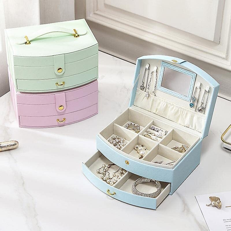 Sajani Women PU Leather Jewelry Box, Double Layer Jewelry Storage Box, Jewelry Storage Case With Mirror For Necklace, Bracelet,Earrings,Rings ( Multicolor ) (Leather Jewellery Box)